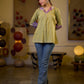Sophisticated Sage Green Box Pleated Cotton Top with Contrasting Print Collar and Sleeves featuring Delicate Pearl Embellishments