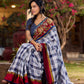 Blue Cotton Checkered Saree with Contrasting Red & Floral Border