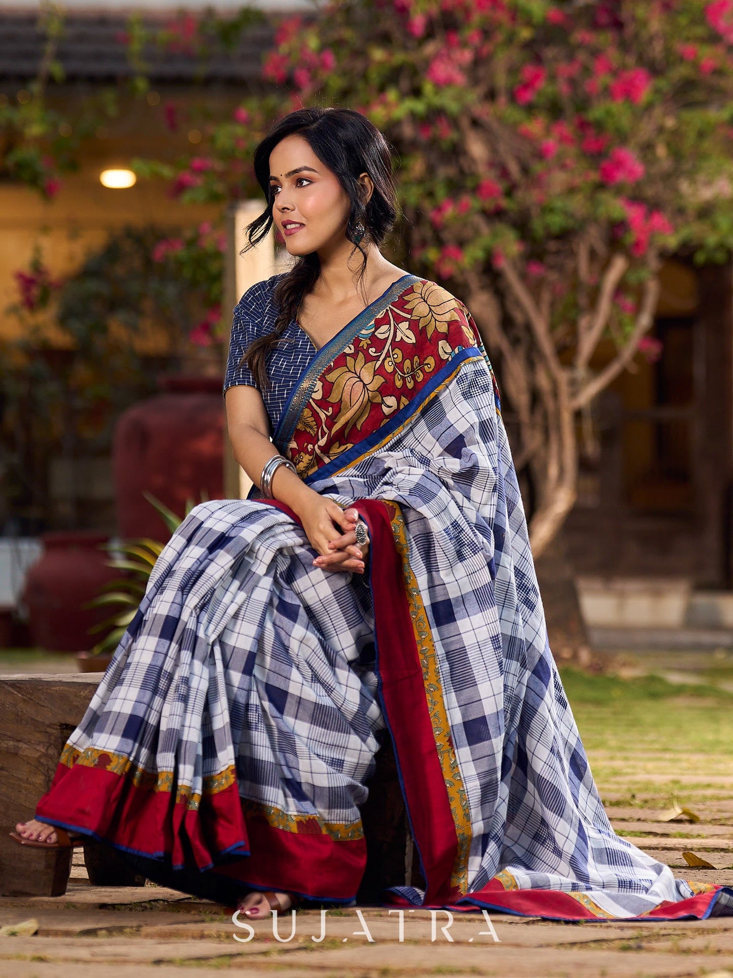 Blue Cotton Checkered Saree with Contrasting Red & Floral Border