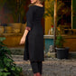elegant black cotton kurta with beautifully crafted ajrakh panel and subtle stripe piping accents