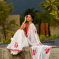 Artisanal White Georgette Saree with Red Embroidered Motifs & Beaded Border Trim
