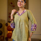 Sophisticated Sage Green Box Pleated Cotton Top with Contrasting Print Collar and Sleeves featuring Delicate Pearl Embellishments