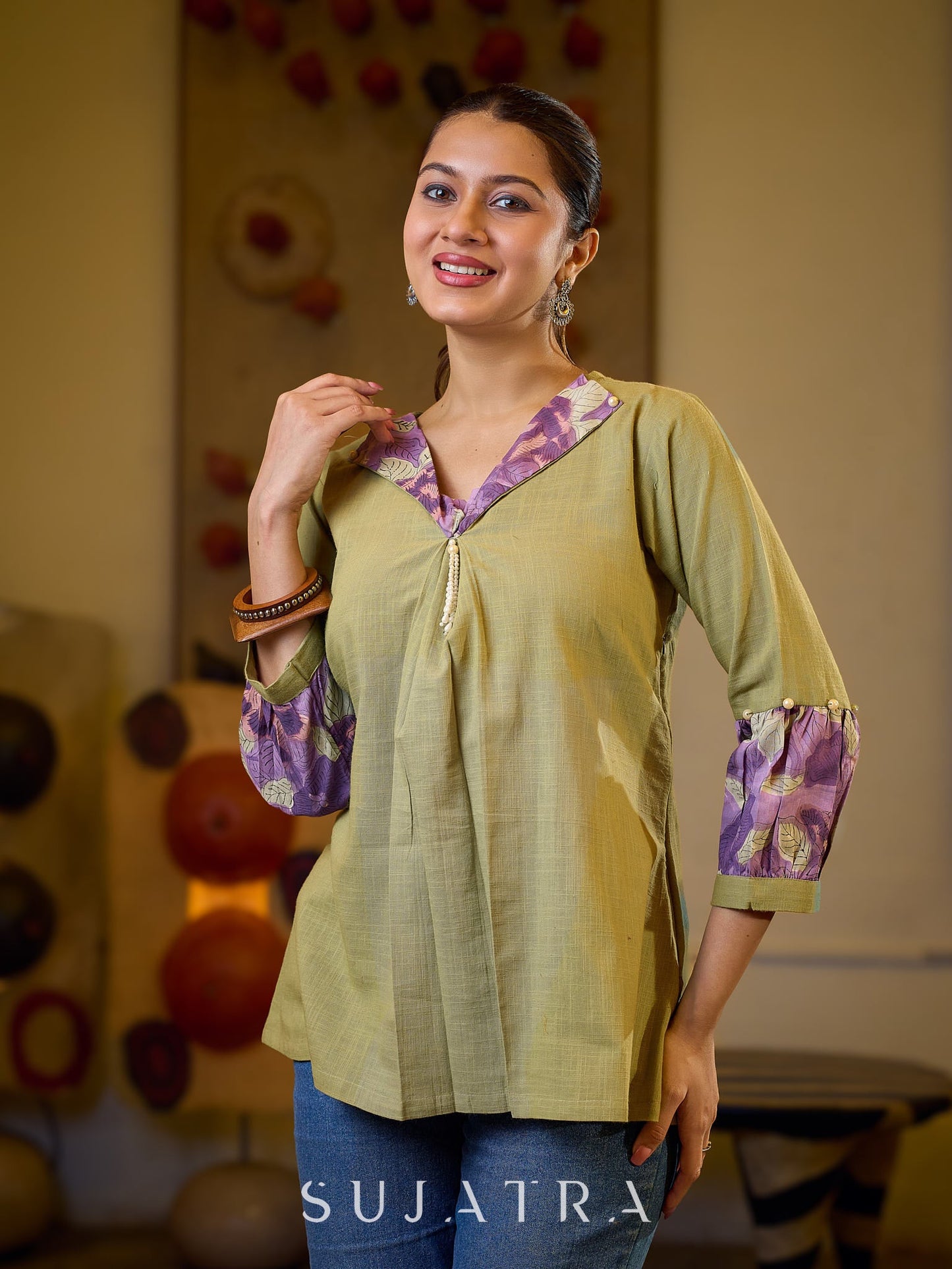 Sophisticated Sage Green Box Pleated Cotton Top with Contrasting Print Collar and Sleeves featuring Delicate Pearl Embellishments