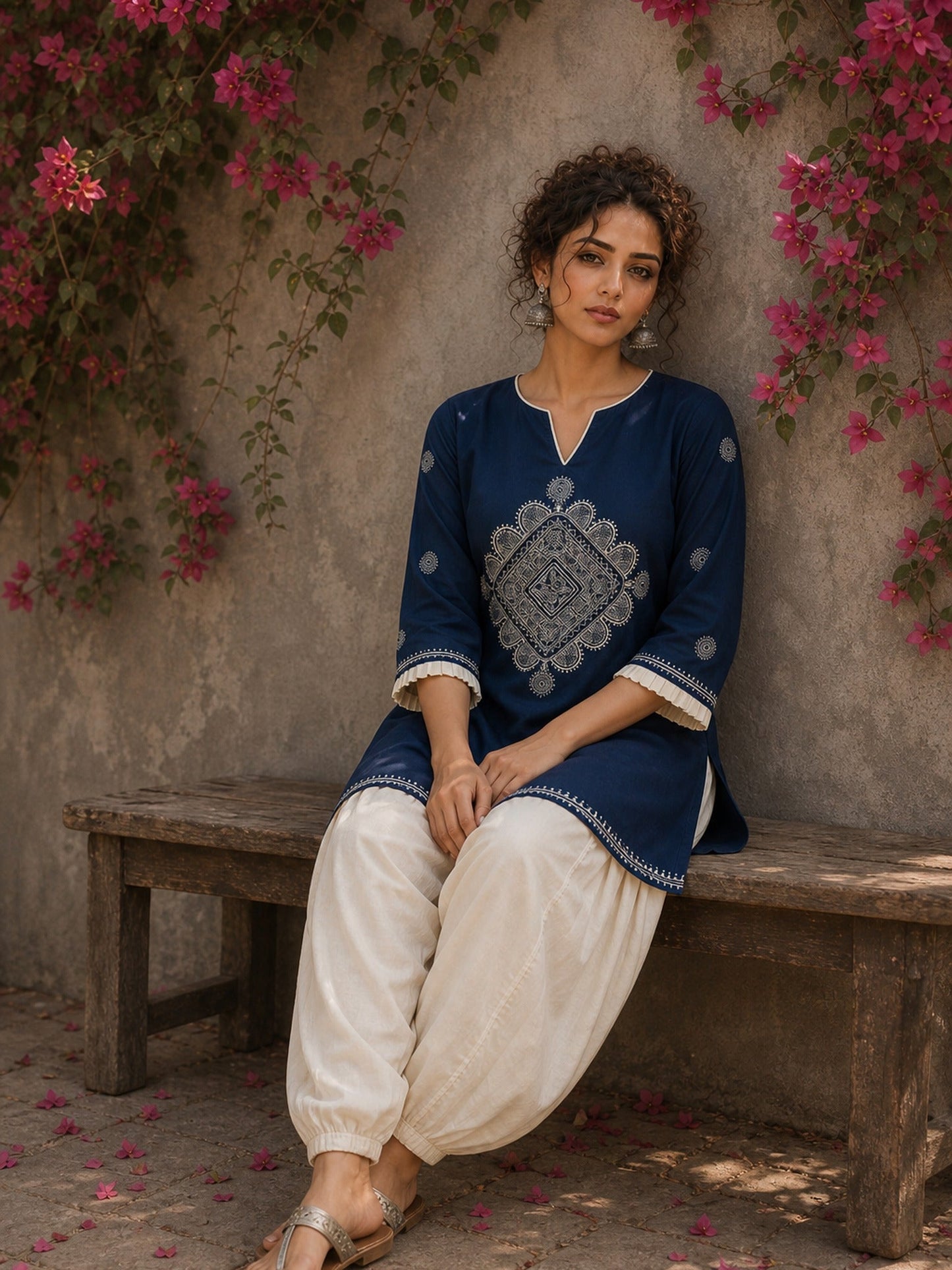 Captivating navy top adorned with a bold, rhythmic block print design, pleated sleeve detailing, and a versatile cut.