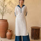 Timeless White Cotton Kurta with Blue Striped Ikat Spread Collar & Coordinated Sleeve Cuffs