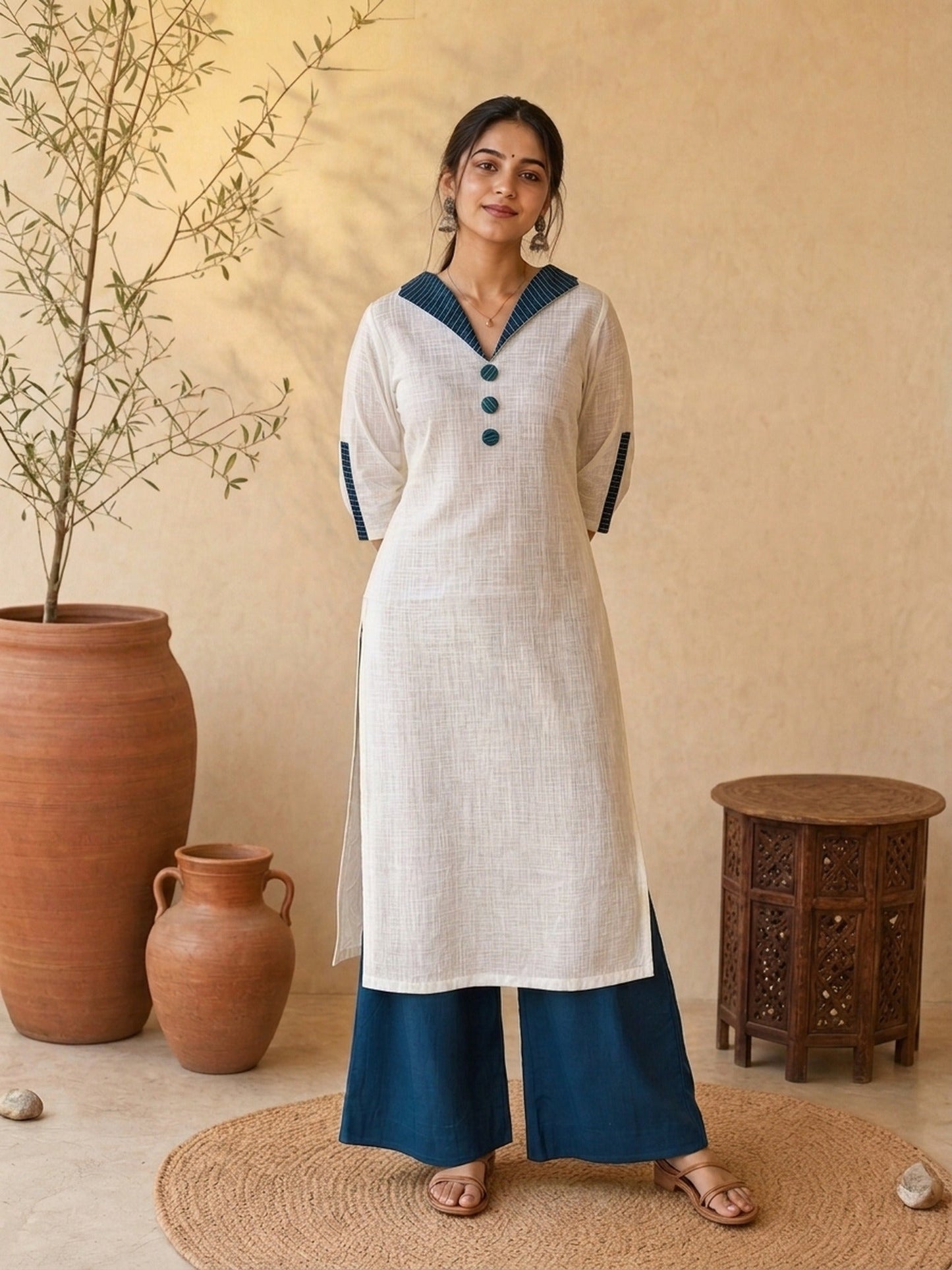 Timeless White Cotton Kurta with Blue Striped Ikat Spread Collar & Coordinated Sleeve Cuffs