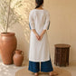 Timeless White Cotton Kurta with Blue Striped Ikat Spread Collar & Coordinated Sleeve Cuffs