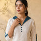 Timeless White Cotton Kurta with Blue Striped Ikat Spread Collar & Coordinated Sleeve Cuffs