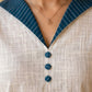 Timeless White Cotton Kurta with Blue Striped Ikat Spread Collar & Coordinated Sleeve Cuffs