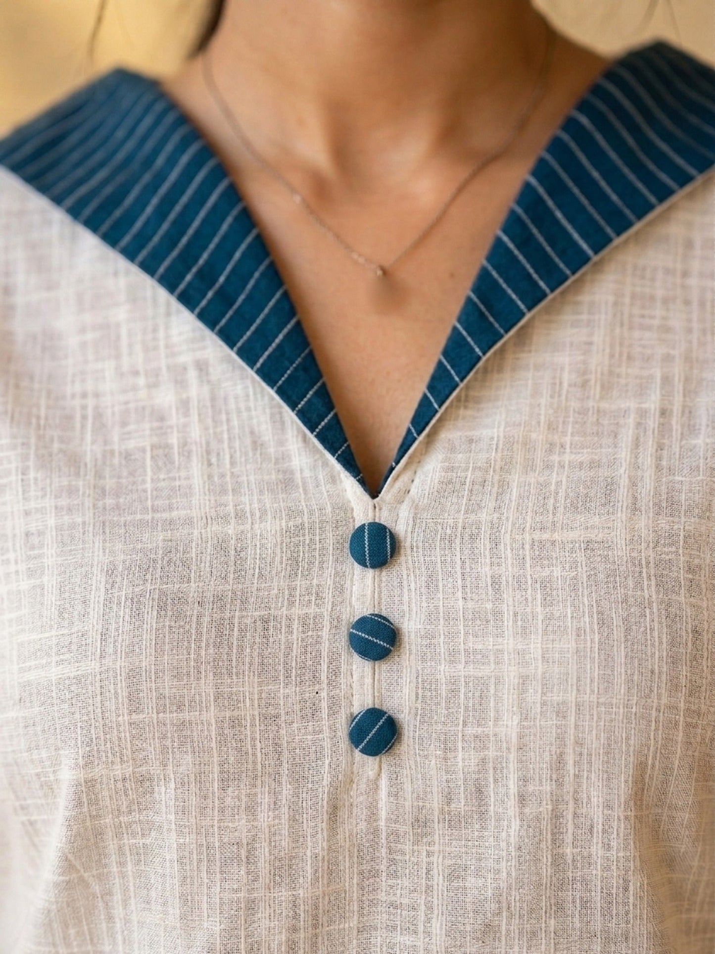 Timeless White Cotton Kurta with Blue Striped Ikat Spread Collar & Coordinated Sleeve Cuffs