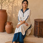 Timeless White Cotton Kurta with Blue Striped Ikat Spread Collar & Coordinated Sleeve Cuffs