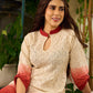 Chic cream-to-maroon ombré Hakoba dress with distinctively folded sleeves and collar.