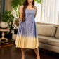Dreamy grey-to-yellow ombré dress featuring delicate hakoba and graceful pleated detailing.