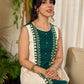 Bottle green and off-white hand block printed sleeveless dress with a block printed geometric panel, pearl embellishments, and refined accents for a contemporary artisanal look.