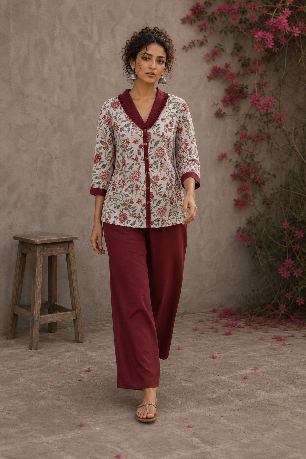 Soft white floral cotton top finished with maroon cuffs, pleated collar, and delicate feminine elegance.