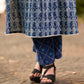 Indigo Printed Kurta with Statement Neck Patch, Flowing Gathers and Pearl Embellished Sleeves
