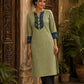 Sage Green Cotton Kurta with Ajrakh Yoke Panel & Matching Cuff Band