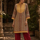 Mustard Geometric Print Short Kurta with Pin-Tucked Yoke & Contrast Maroon Button Detail