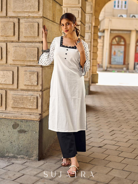 Effortless White Cotton Kurta Adorned with Polka Dot Sleeves & Delicate Scalloped Neckline