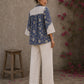 Blue floral Jaipur-printed top with statement hakoba panels and delicate white lace accents.