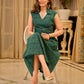 Teal Printed Sleeveless Crossover Midi Designed in a rich teal print, highlighting a crisp notched collar, defined wrap waist, and a fluid flared silhouette.