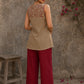 Sophisticated beige waist coat top showcasing refined leaf block print motifs, a polished button-down front, and elegant red piping for artisanal style.