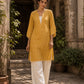 Radiant Mustard All-Over Booti Print Viscose Short Kurta with Pearl Studded Neckline & Hakoba Yoke
