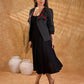 Exquisite black Ikat jacket with offset collar flaps and detailed red floral vine embroidery, delivering a sculpted, high-impact silhouette with refined presence for corporate styling.