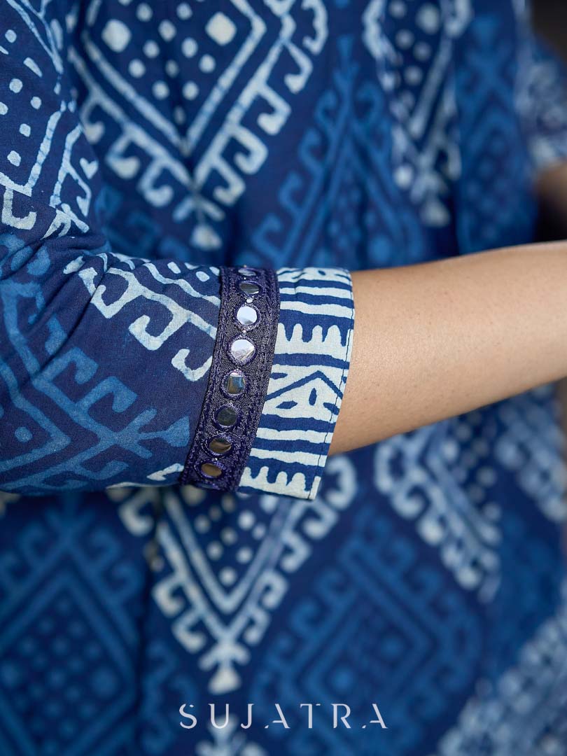 Deep Indigo Abstract Kurta Featuring Diamond Prints, Blue Mirror Lace Accents and Soft Front Gathers