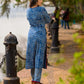 Contemporary Indigo Geometric Side-Cut Kurta with Linear Stripe Detailing and Maroon Triangle Highlights