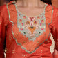 Elegant orange floral printed kurta with hand-embroidered sequin and cut dana detailing on the yoke and rich maroon accents.