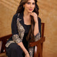 Elegant black and navy Kalamkari jacket featuring a notch collar and subtle navy accents, creating a graceful, tailored silhouette suited for polished corporate wear.
