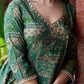 Rich bottle green printed Angrakha with a finely hand-embroidered neckline and soft beige accents.