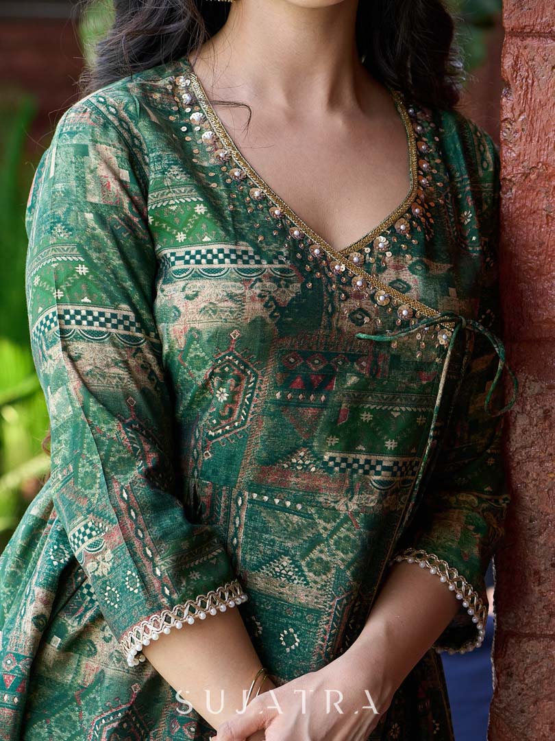 Rich bottle green printed Angrakha with a finely hand-embroidered neckline and soft beige accents.
