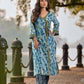 Angarkha-Style Indigo & Olive Kurta with Olive Mirror Detailing and Dori Tie-Up