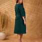 Sophisticated bottle green and mustard Ikat jacket featuring an overlapping neckline closure, front-open design, and rich maroon accents, offering a composed, tailored silhouette for corporate wear.