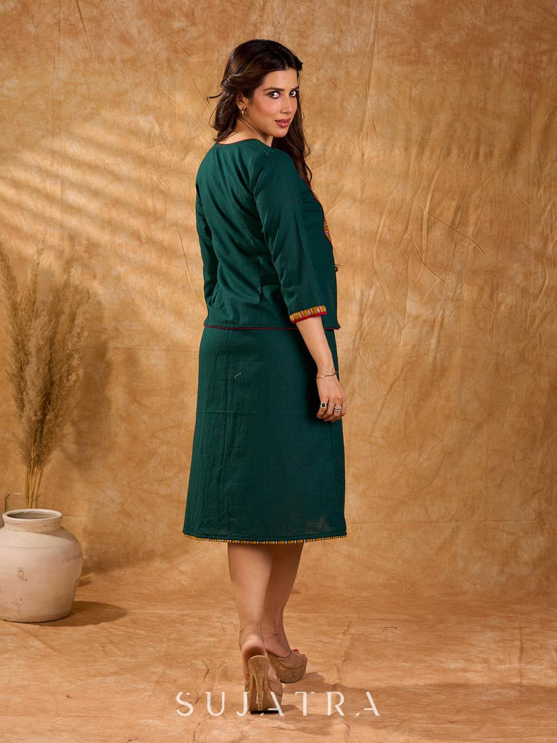 Sophisticated bottle green and mustard Ikat jacket featuring an overlapping neckline closure, front-open design, and rich maroon accents, offering a composed, tailored silhouette for corporate wear.