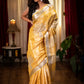 Beige color pure linen cut work & mirrorwork saree