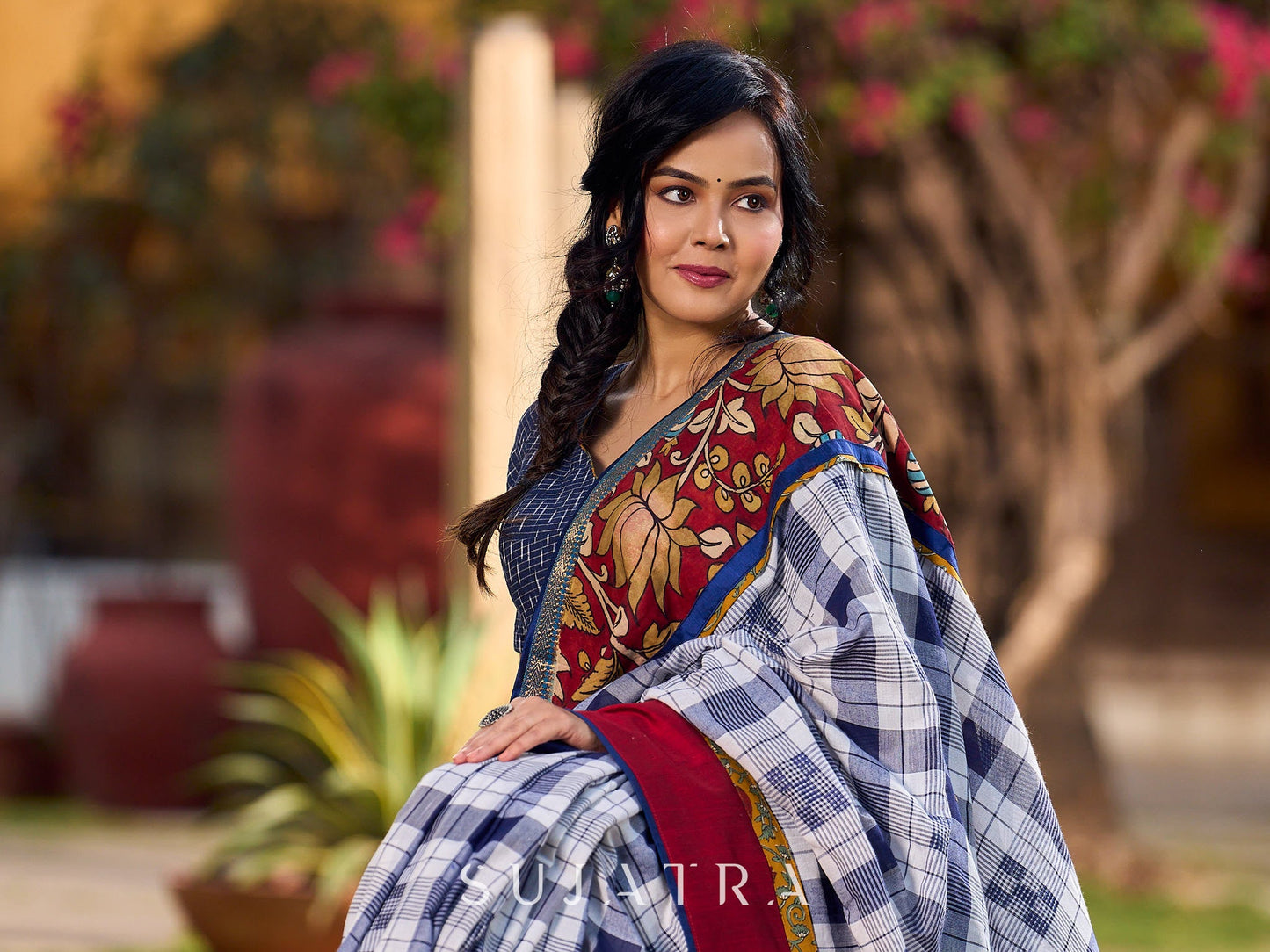 Blue Cotton Checkered Saree with Contrasting Red & Floral Border
