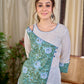 Breezy White Cotton Kurta with Green Floral Hand Block Print Asymmetric Panel and Cold Shoulder Accent