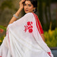 Artisanal White Georgette Saree with Red Embroidered Motifs & Beaded Border Trim