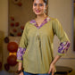 Sophisticated Sage Green Box Pleated Cotton Top with Contrasting Print Collar and Sleeves featuring Delicate Pearl Embellishments