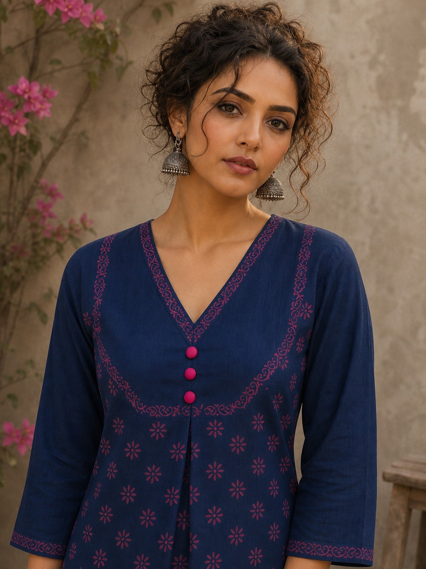 Vibrant navy blue and pink hand block print top features bell sleeves, floral detailing, and rich navy hues for effortless everyday charm.