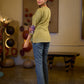 Sophisticated Sage Green Box Pleated Cotton Top with Contrasting Print Collar and Sleeves featuring Delicate Pearl Embellishments