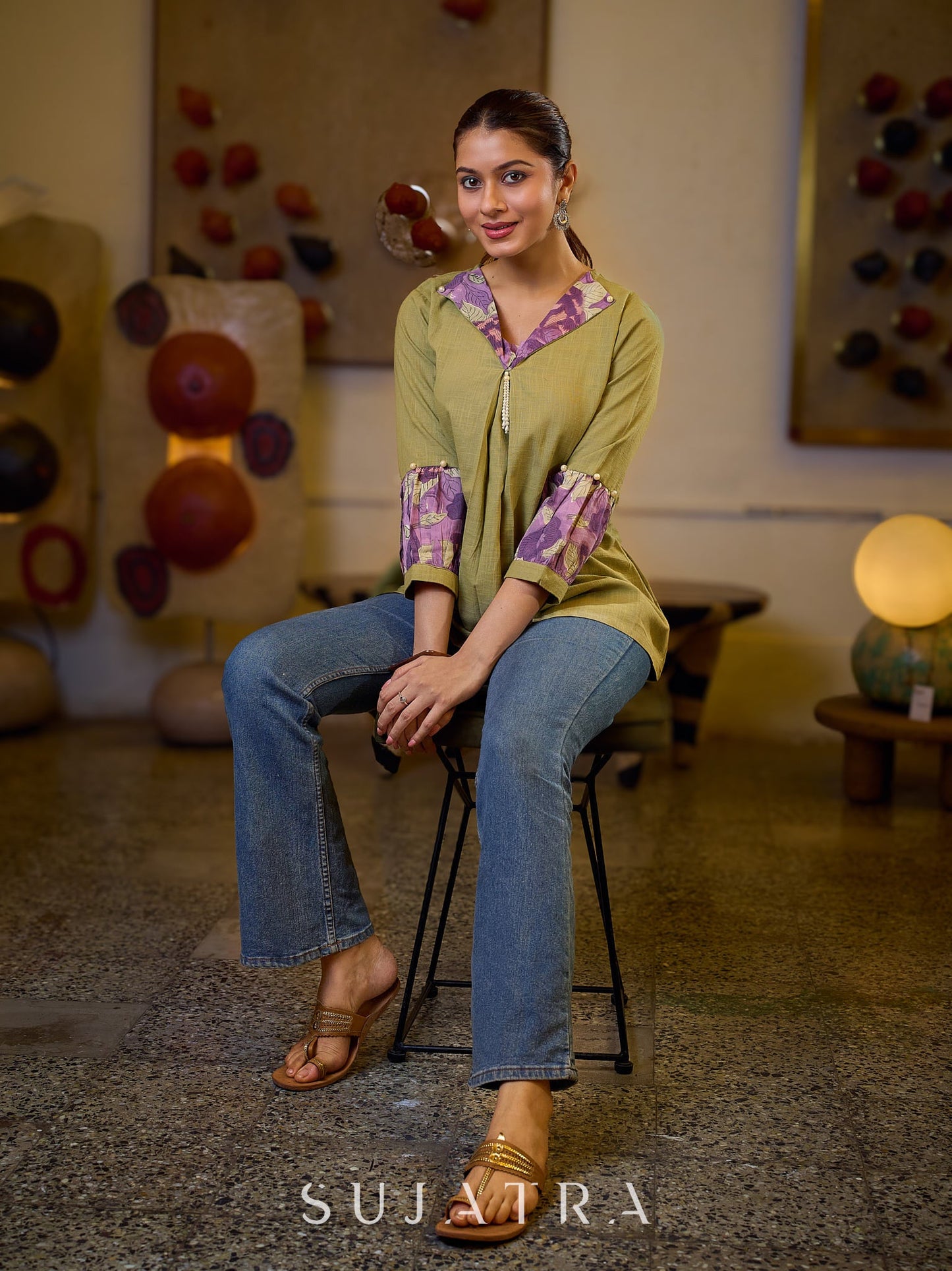 Sophisticated Sage Green Box Pleated Cotton Top with Contrasting Print Collar and Sleeves featuring Delicate Pearl Embellishments