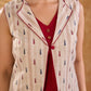 Ivory Handloom Jacquard Cotton Sleeveless Longline Jacket with Lapel Collar