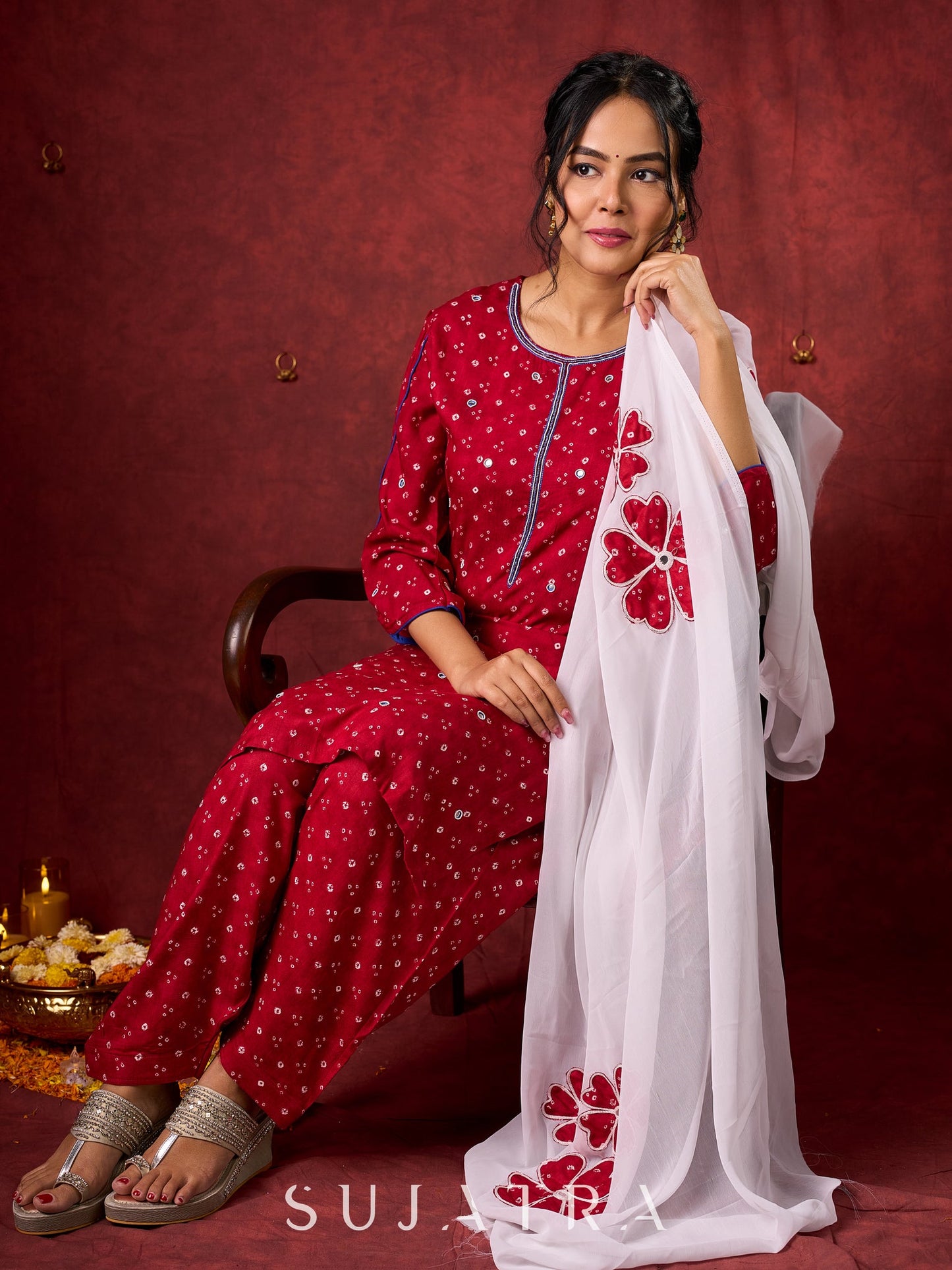 Hand-Embroidered Rayon Bandhani Kurta  - Salwar n applique dupatta optional.