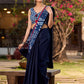 Designer Navy Blue Silk Saree with Handcrafted Indigo Contrast Patchwork Border