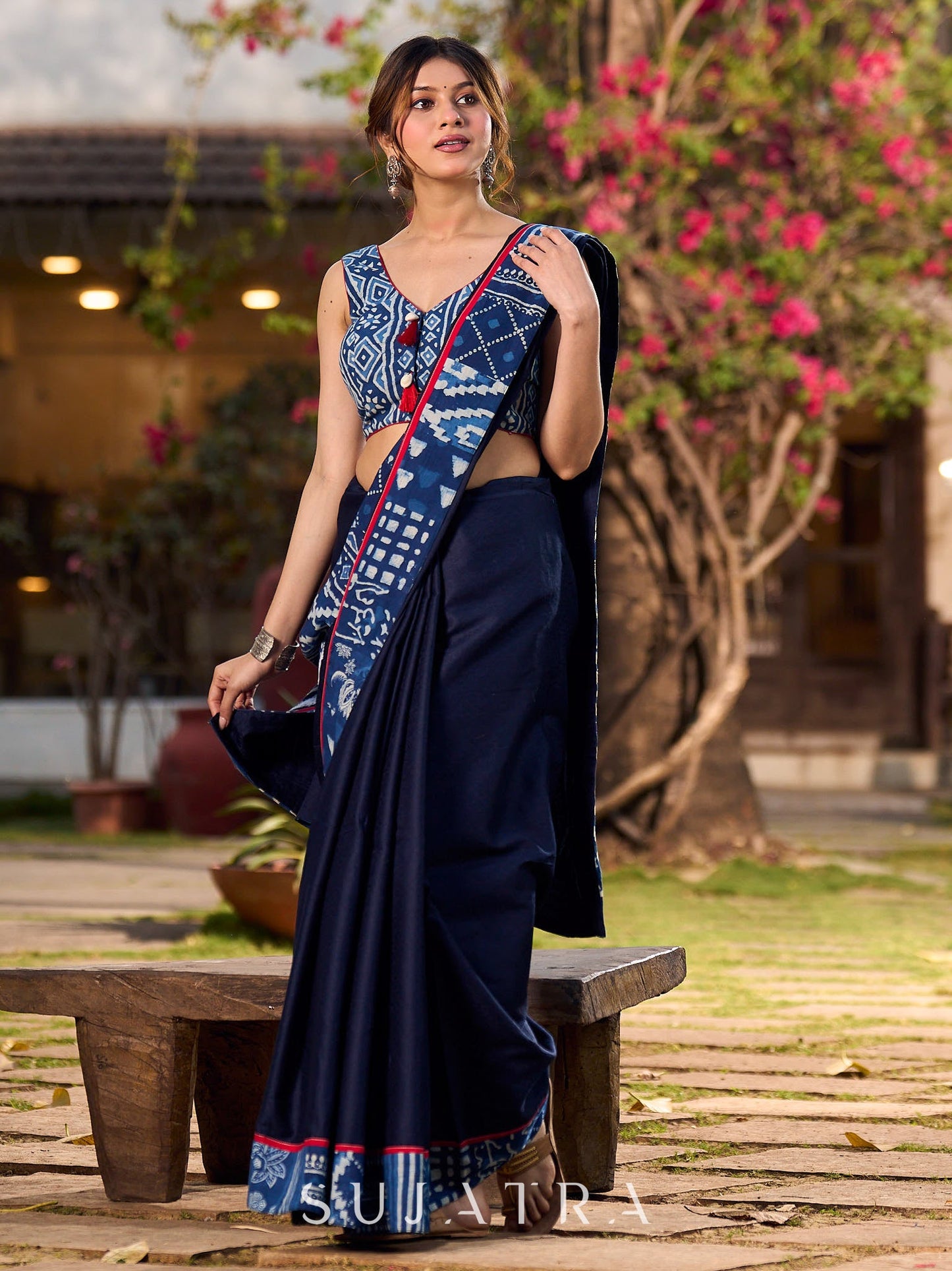 Designer Navy Blue Silk Saree with Handcrafted Indigo Contrast Patchwork Border