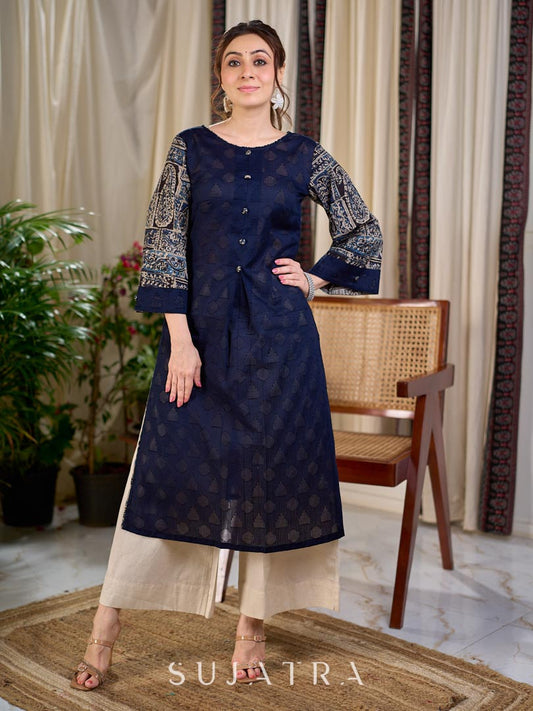 Striking Navy Blue Jacquard Cotton Straight Kurta with Kalamkari Sleeves and Button Detail
